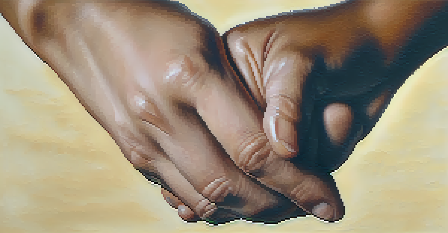 Close-up of two hands clasped together, symbolizing trust and support against a softly blurred warm background.