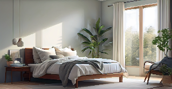A peaceful bedroom with a cozy bed, soft lighting, and minimalistic decor creating a calming atmosphere for sleep.