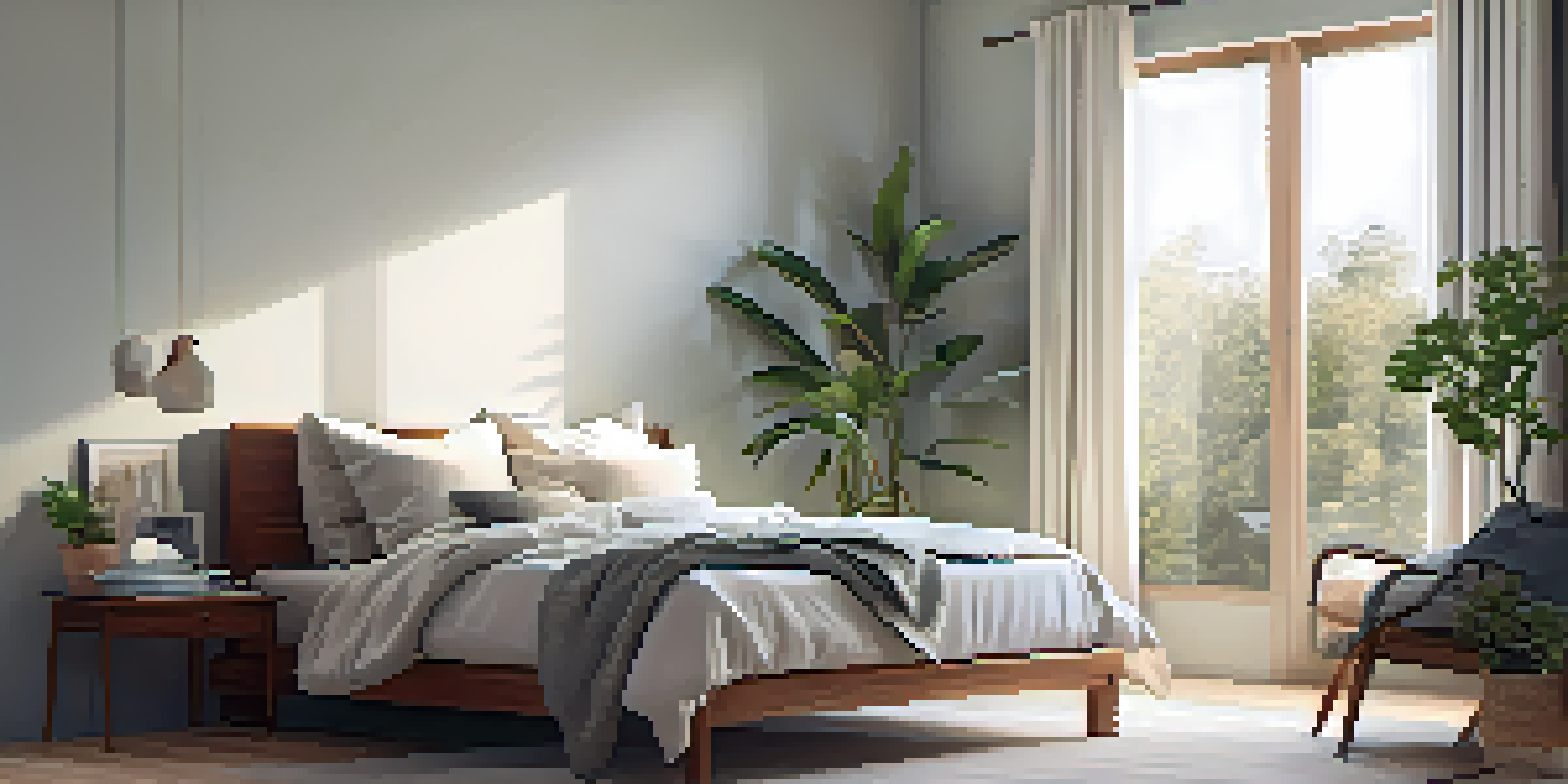 A peaceful bedroom with a cozy bed, soft lighting, and minimalistic decor creating a calming atmosphere for sleep.
