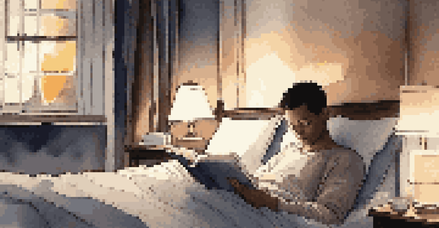 A close-up of a person reading a book in bed with soft pillows, warm lighting, and blackout curtains, creating a peaceful nighttime atmosphere.