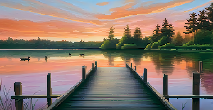 A tranquil sunset landscape with a calm lake, a wooden dock, and ducks swimming, showcasing vibrant colors and lush greenery.
