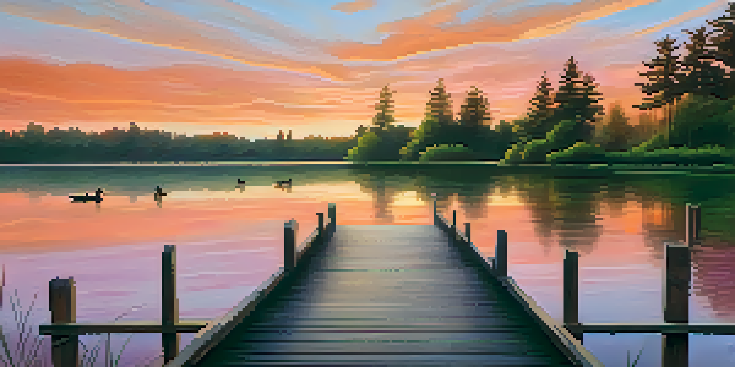 A tranquil sunset landscape with a calm lake, a wooden dock, and ducks swimming, showcasing vibrant colors and lush greenery.