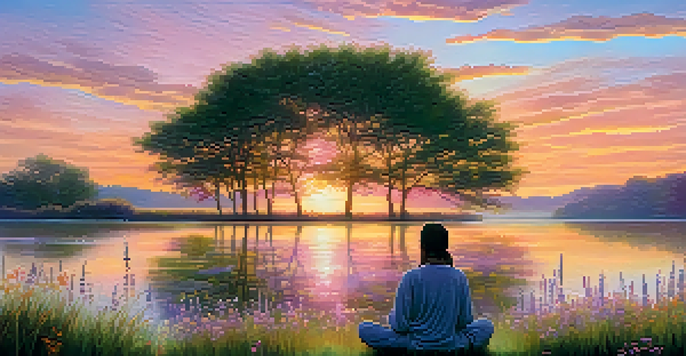 A tranquil sunrise over a calm lake with a silhouette of a person meditating at the water's edge, surrounded by wildflowers.