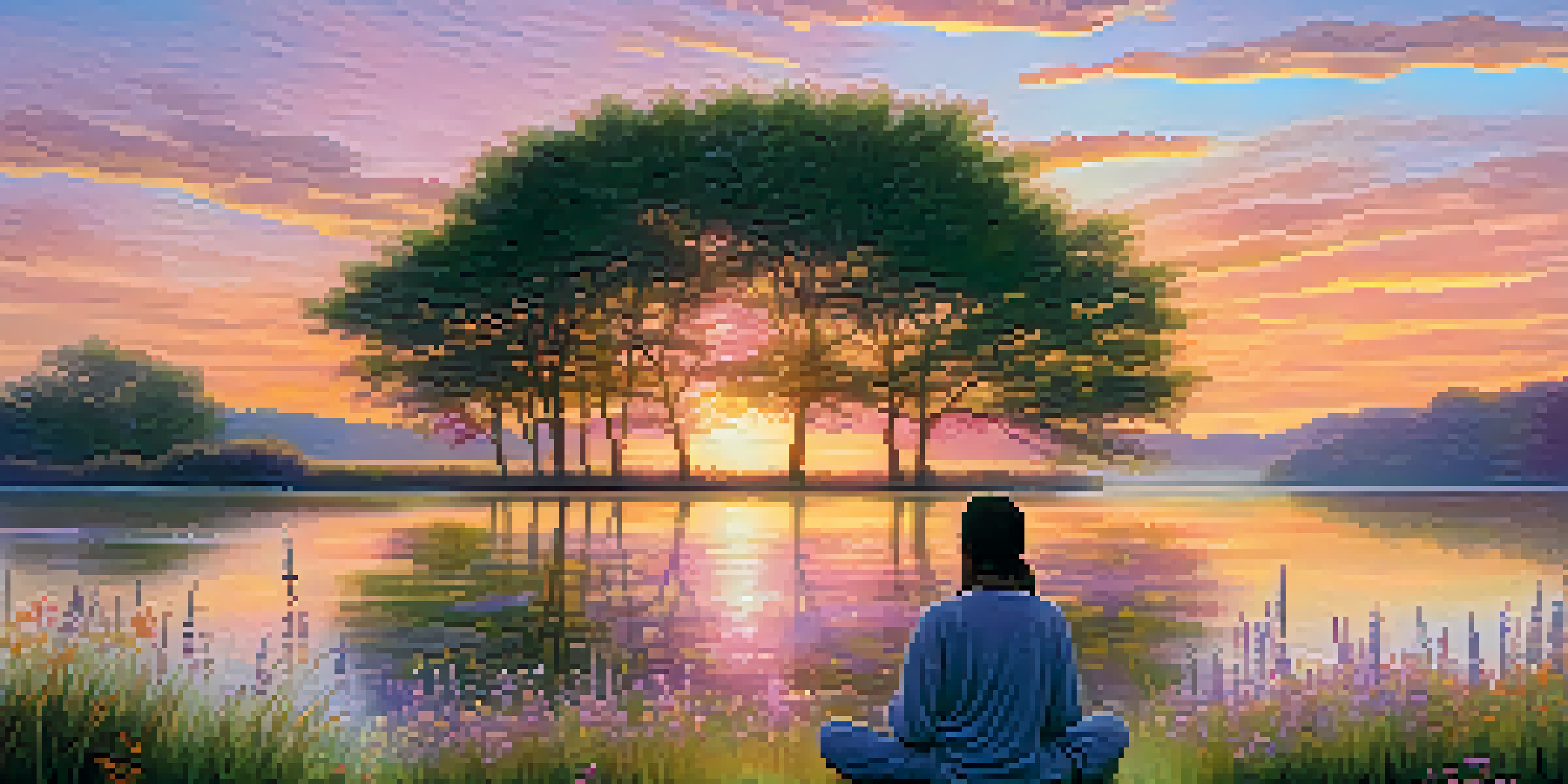 A tranquil sunrise over a calm lake with a silhouette of a person meditating at the water's edge, surrounded by wildflowers.