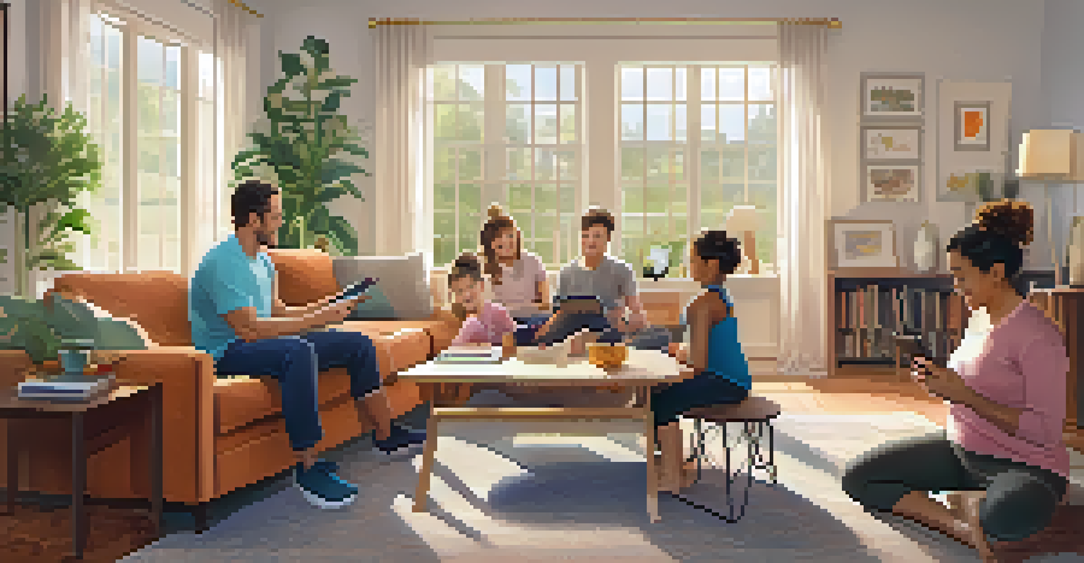A family discussing fitness goals together in a warm living room setting.
