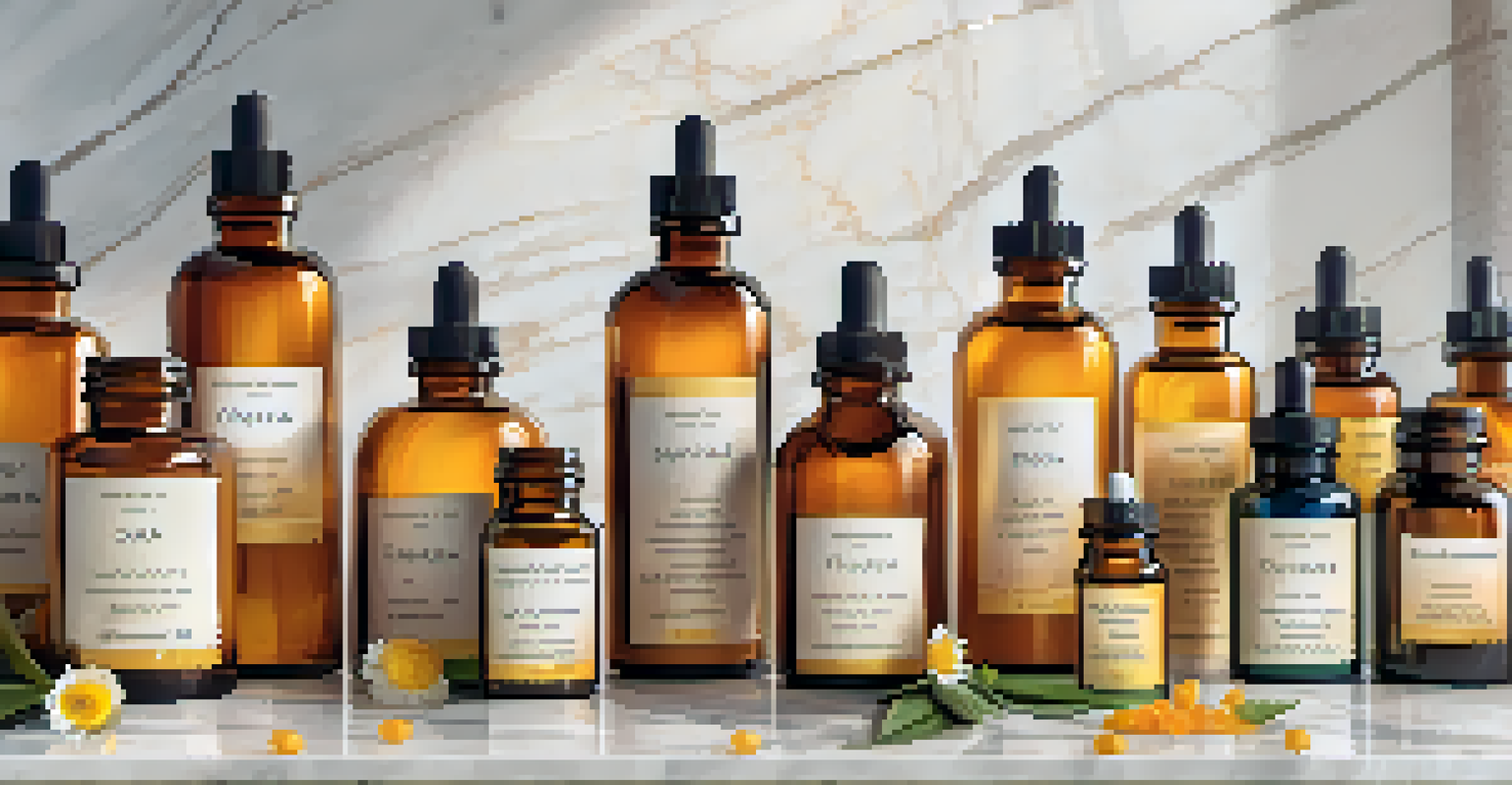 Amber glass bottles of essential oils on a marble countertop, surrounded by chamomile flowers, eucalyptus leaves, and citrus slices.