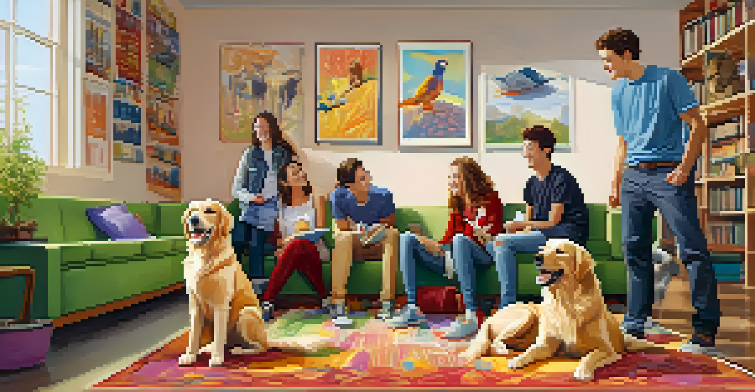 A lively common area filled with college students interacting with pets, creating a friendly and social atmosphere.