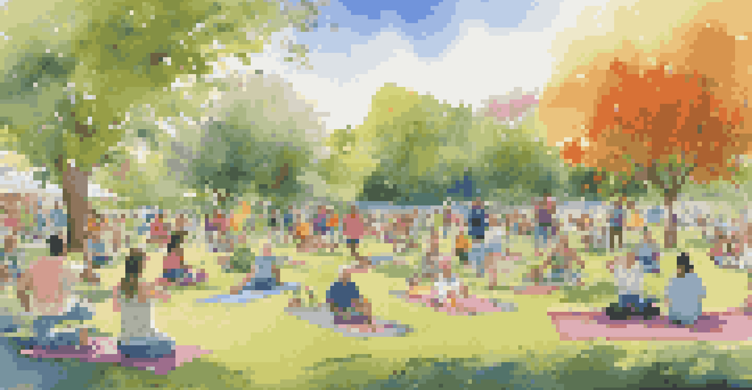 A lively park with people of all ages enjoying a community gathering, surrounded by flowers and greenery.