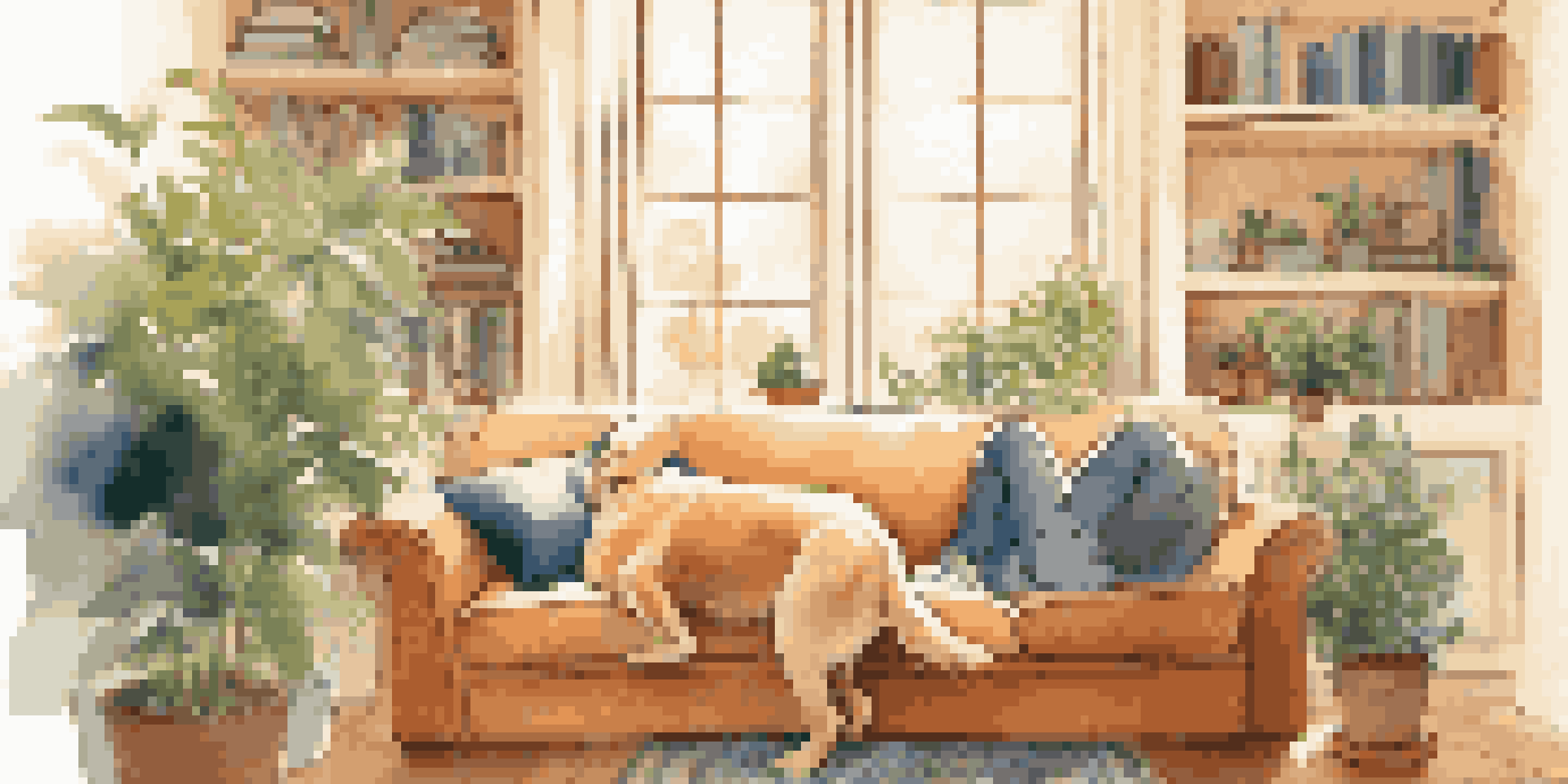 A person sitting on a couch petting a golden retriever in a cozy living room filled with plants and a bookshelf.