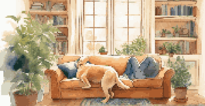 A person sitting on a couch petting a golden retriever in a cozy living room filled with plants and a bookshelf.