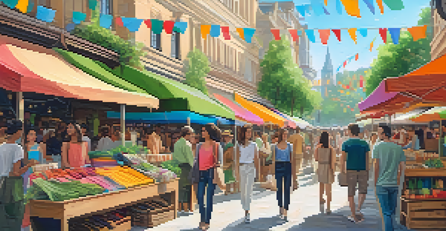An outdoor market filled with eco-friendly fashion items displayed on wooden racks, surrounded by greenery and colorful banners.