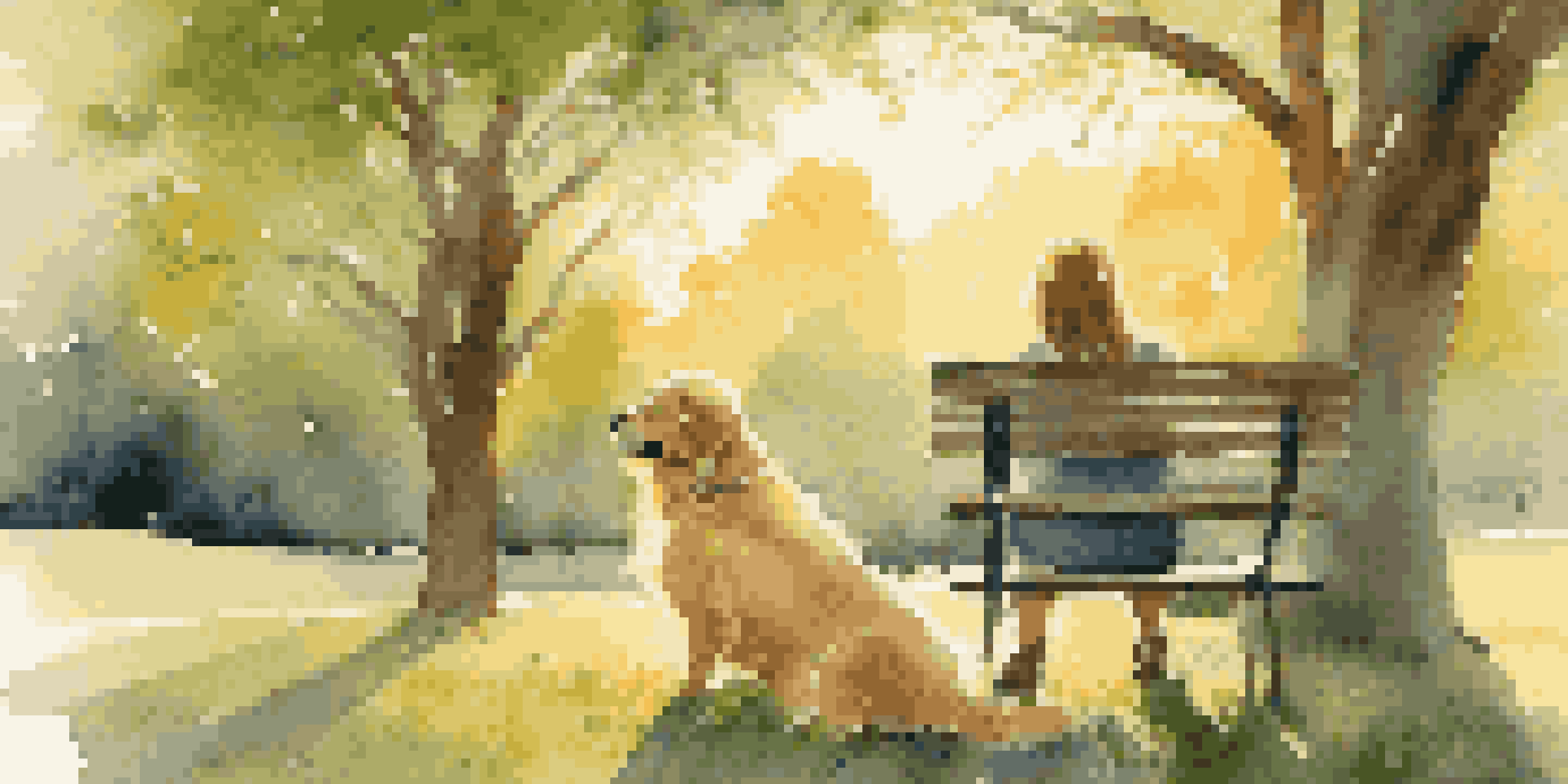 A person sitting on a park bench, petting a golden retriever with a peaceful expression, surrounded by greenery and wildflowers during sunset.