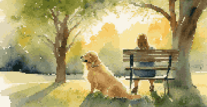 A person sitting on a park bench, petting a golden retriever with a peaceful expression, surrounded by greenery and wildflowers during sunset.