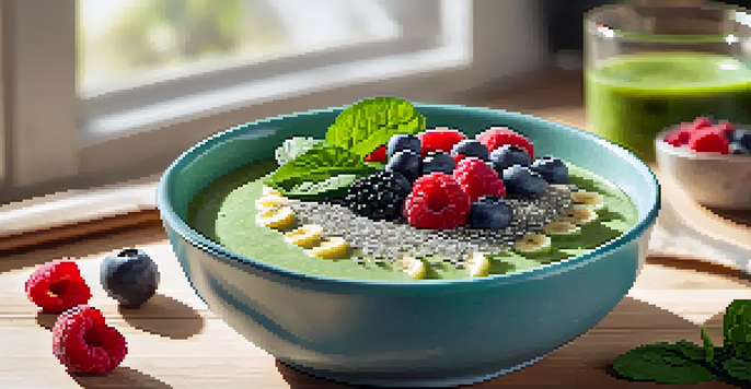 A colorful smoothie bowl filled with bananas, spinach, and yogurt, garnished with berries and chia seeds, on a wooden table in a sunny kitchen.