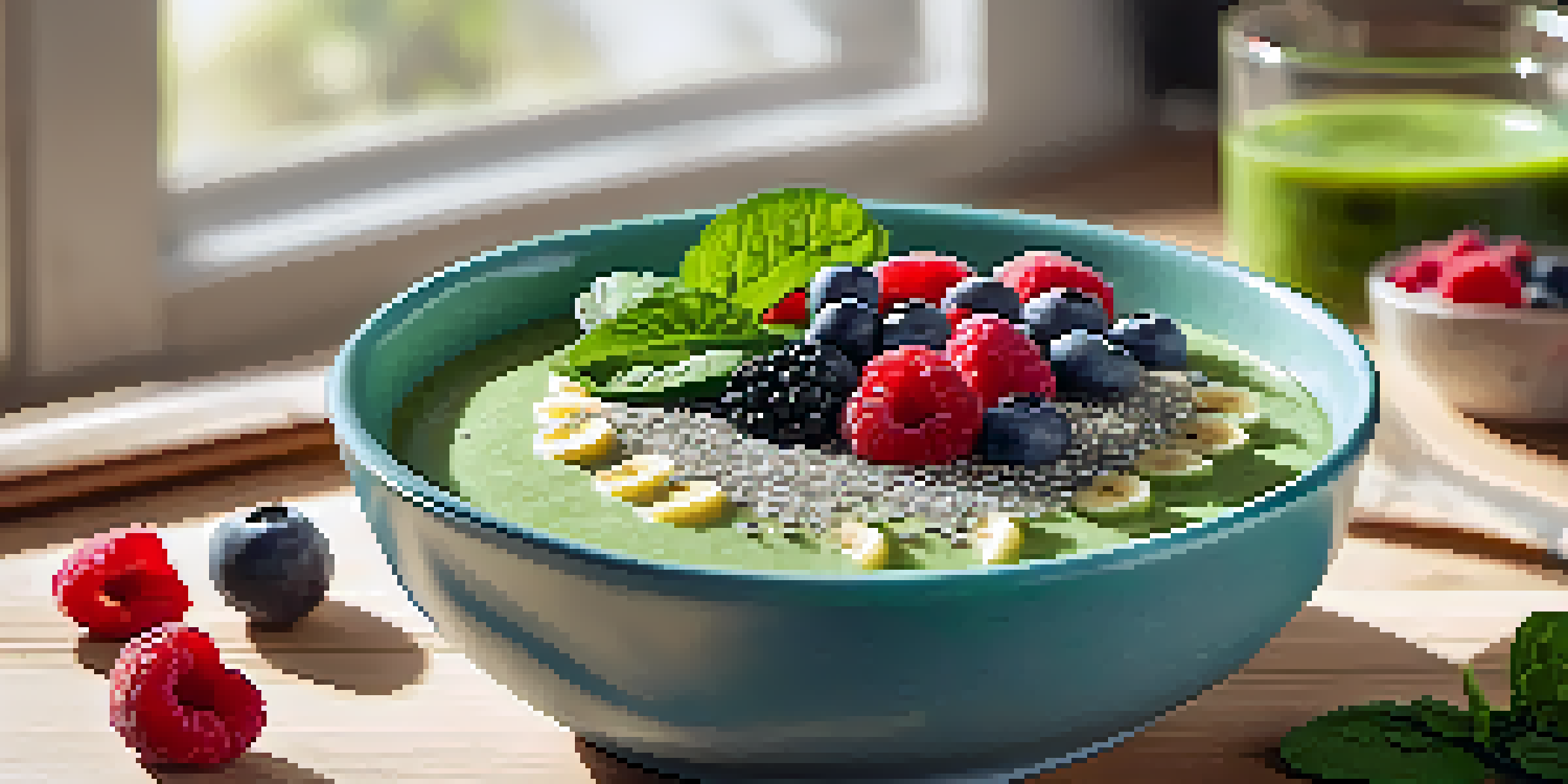 A colorful smoothie bowl filled with bananas, spinach, and yogurt, garnished with berries and chia seeds, on a wooden table in a sunny kitchen.