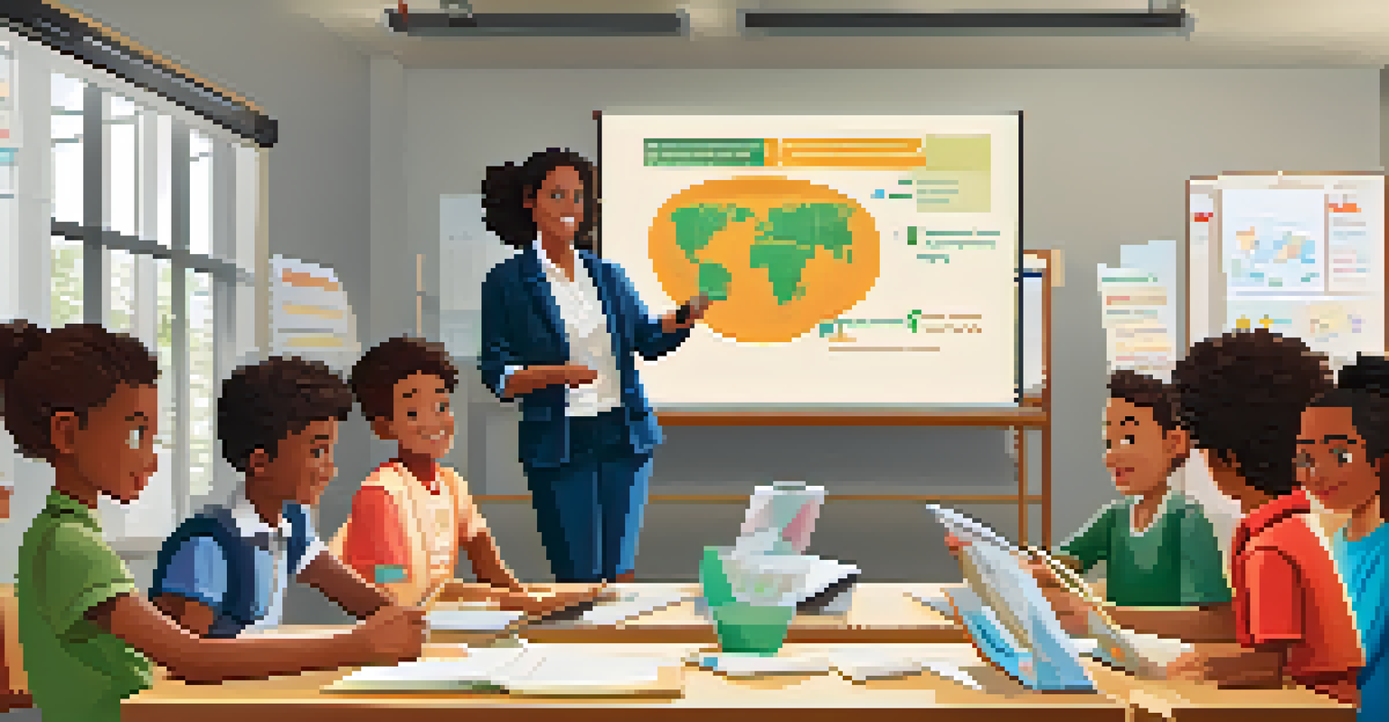 A classroom with a teacher leading a financial literacy workshop, students taking notes with charts on the board.
