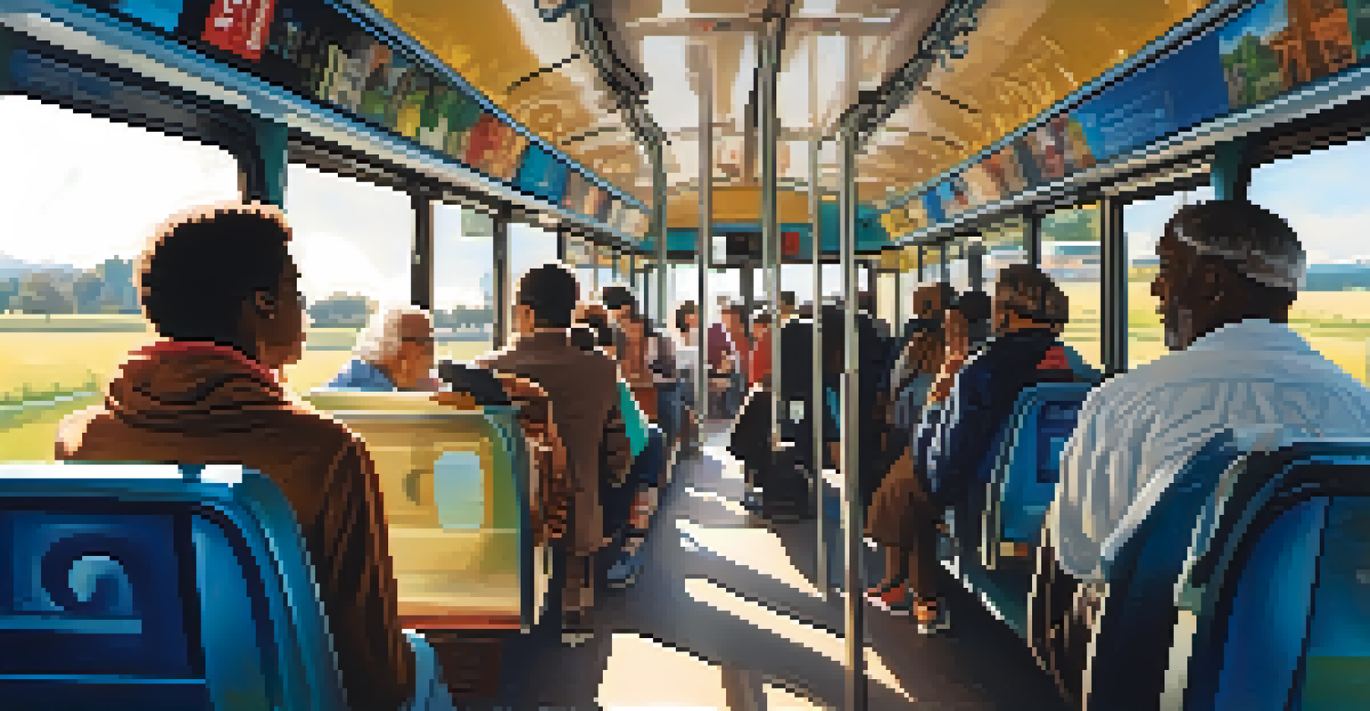 Interior of a public bus with diverse passengers, sunlight streaming in, and health awareness posters on the walls.