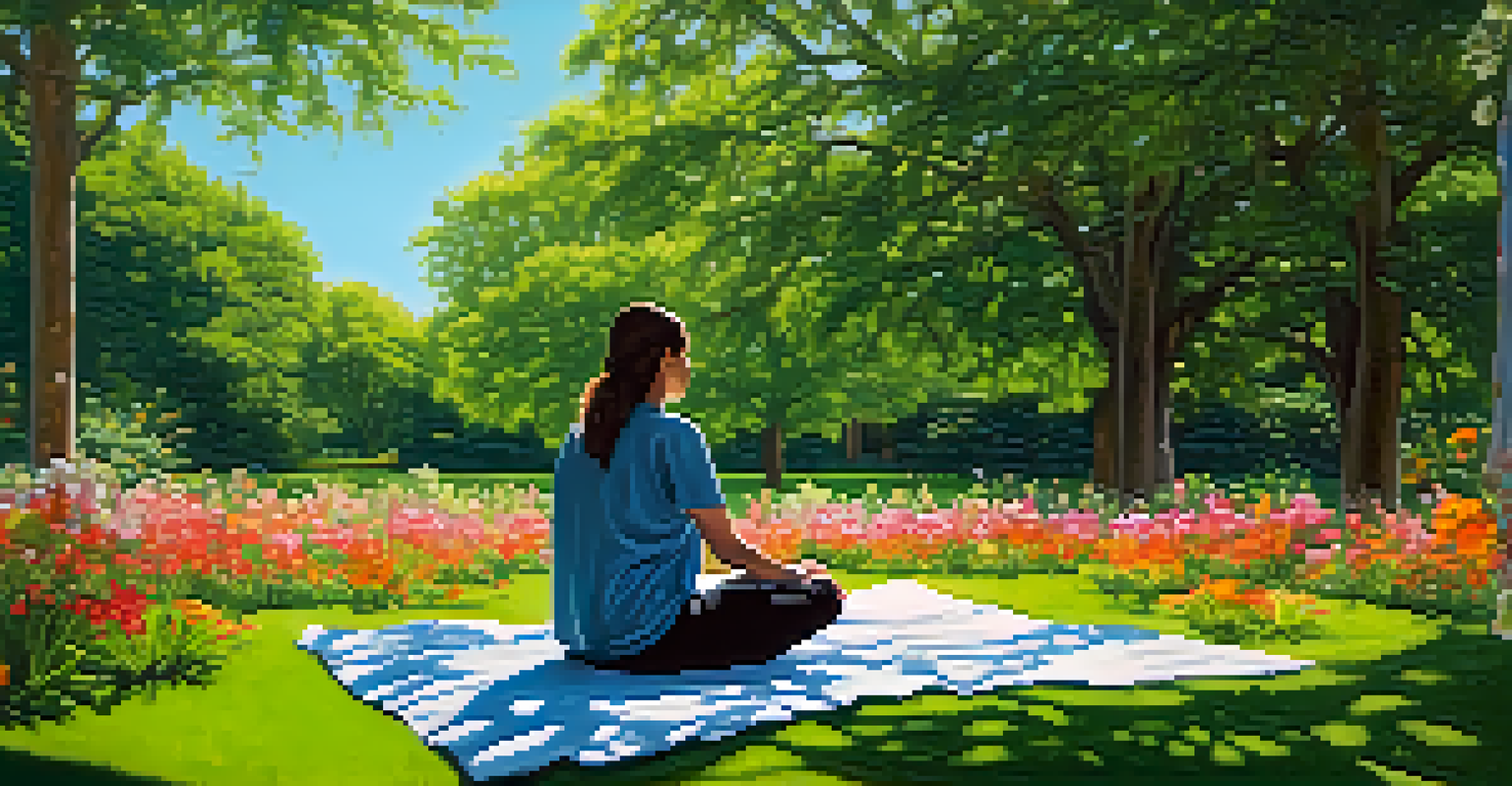 A person practicing box breathing in a park, surrounded by flowers and trees under a clear blue sky.
