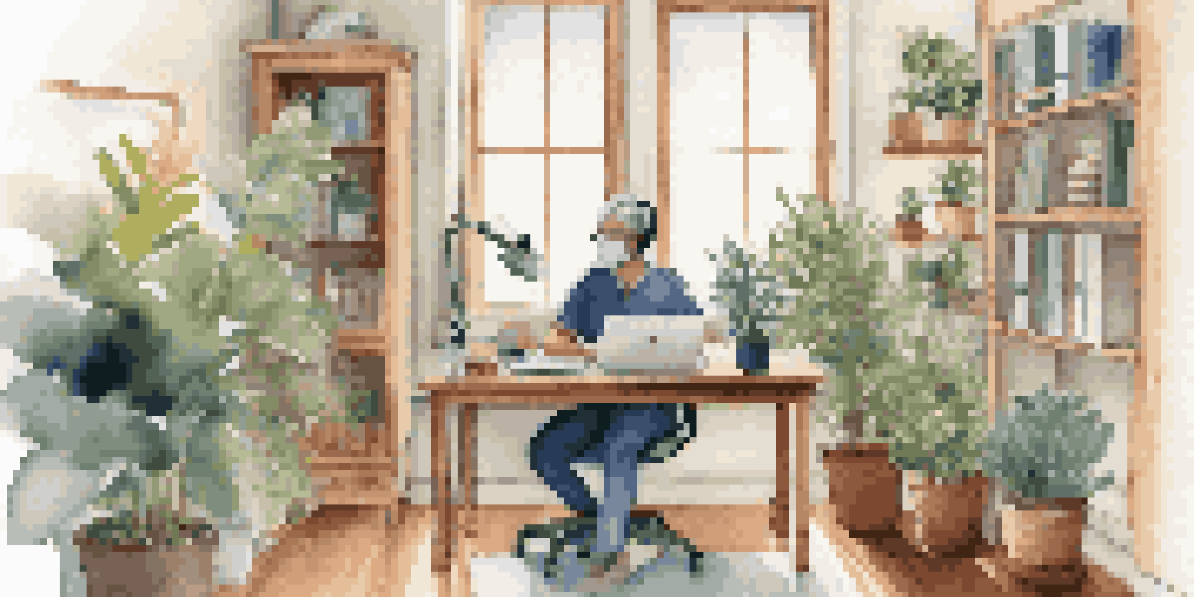 A healthcare professional in scrubs conducting a telehealth consultation in a well-lit home office, surrounded by plants and bookshelves.