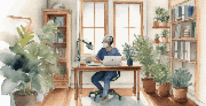 A healthcare professional in scrubs conducting a telehealth consultation in a well-lit home office, surrounded by plants and bookshelves.