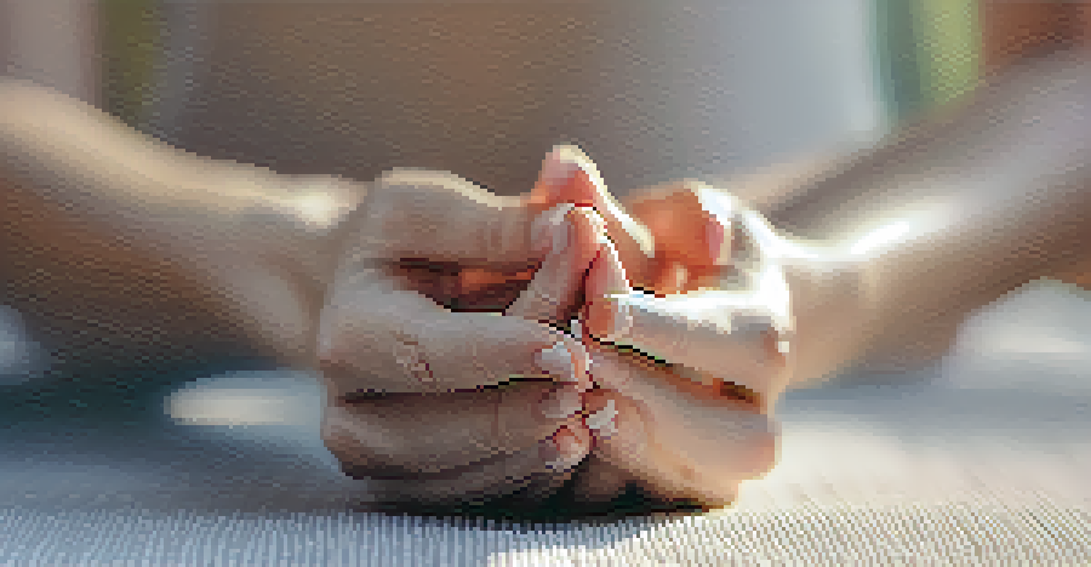 Close-up of hands in a mudra position on a yoga mat, with a soft and calming background.