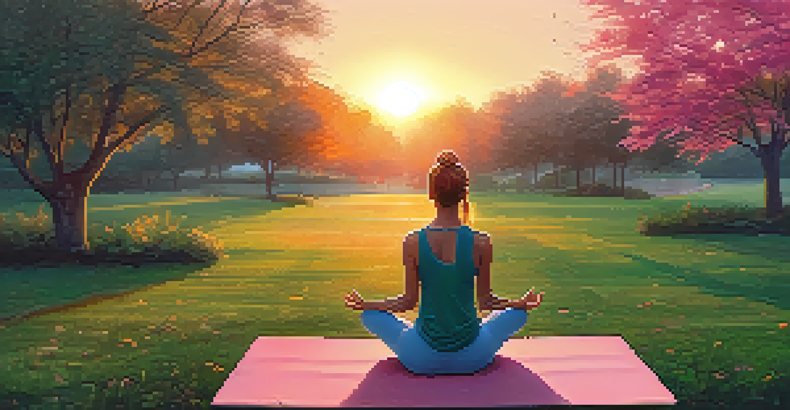 A person meditating in a peaceful park during sunset, surrounded by greenery.
