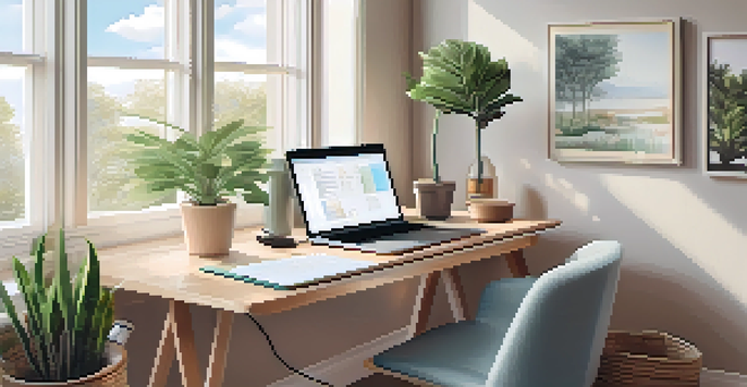A cozy home office with a wooden desk, laptop, coffee cup, and a potted plant bathed in natural light.