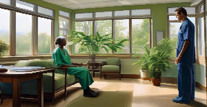 A healthcare provider's office with a doctor explaining to a patient, filled with natural light and greenery.