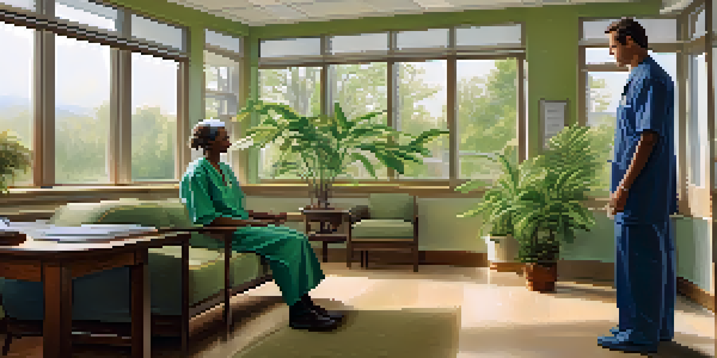 A healthcare provider's office with a doctor explaining to a patient, filled with natural light and greenery.