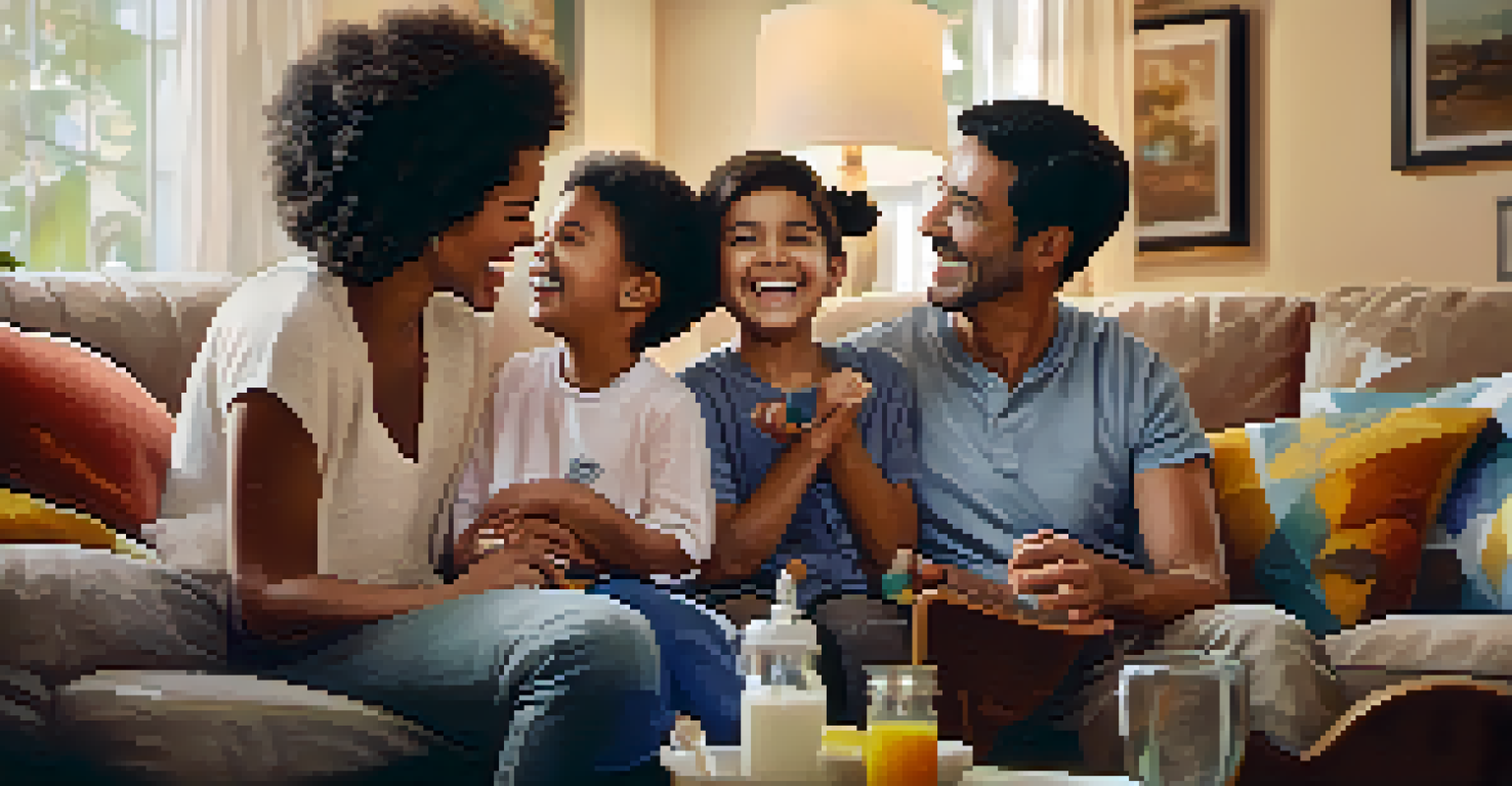 A family in a living room, with a child displaying their clean teeth and parents smiling in the background.