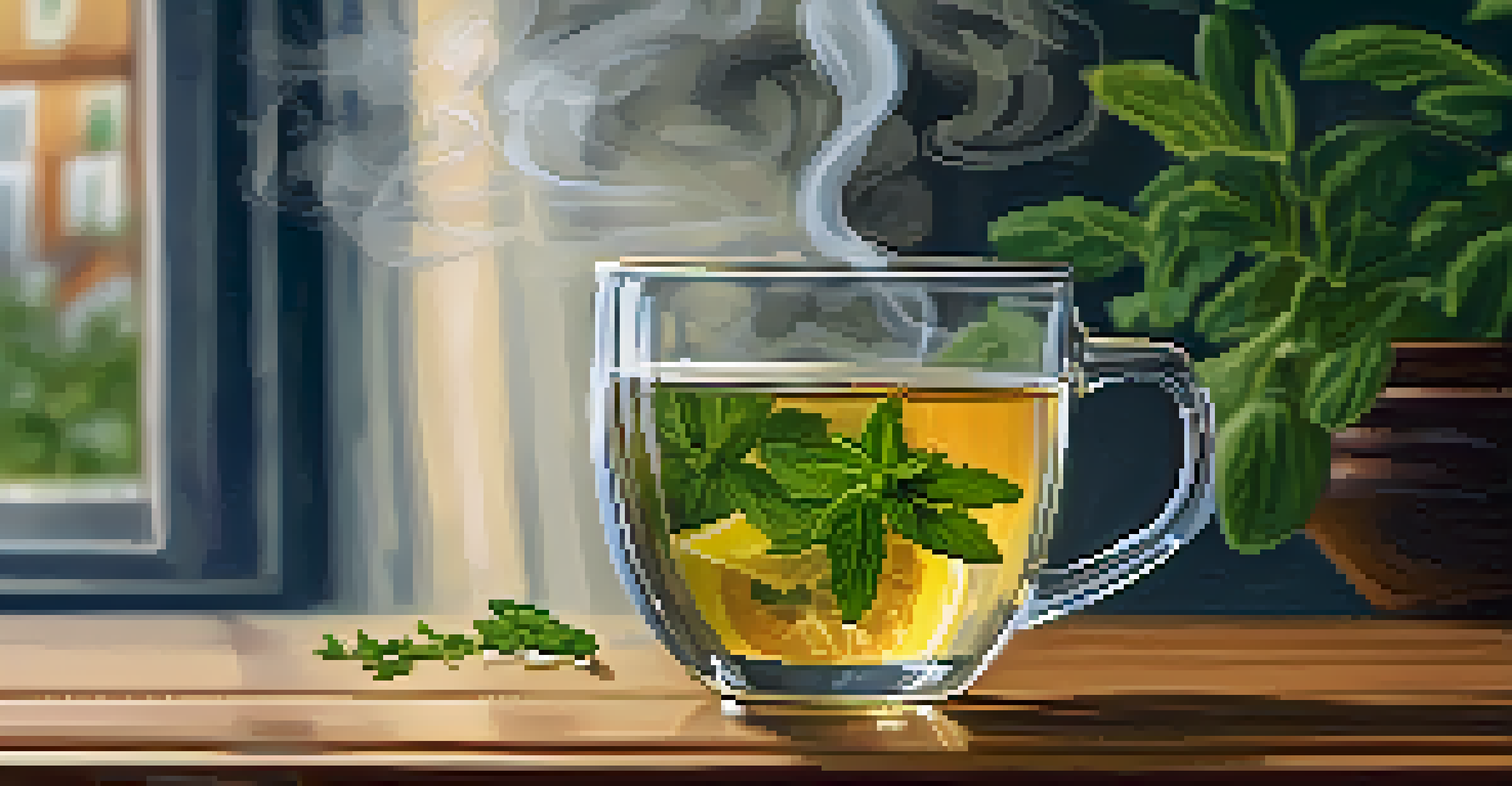 A close-up of a steaming glass of herbal tea with fresh herbs and a lemon slice, set in a cozy living room.