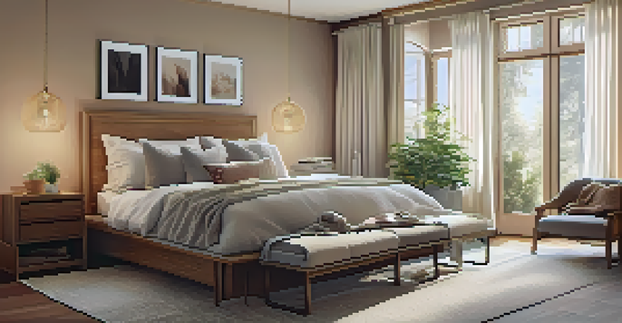 A cozy bedroom with a large bed, soft lighting, and peaceful decor, designed for restful sleep.