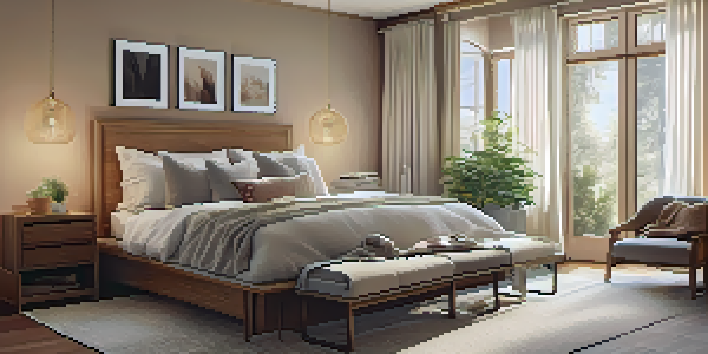 A cozy bedroom with a large bed, soft lighting, and peaceful decor, designed for restful sleep.