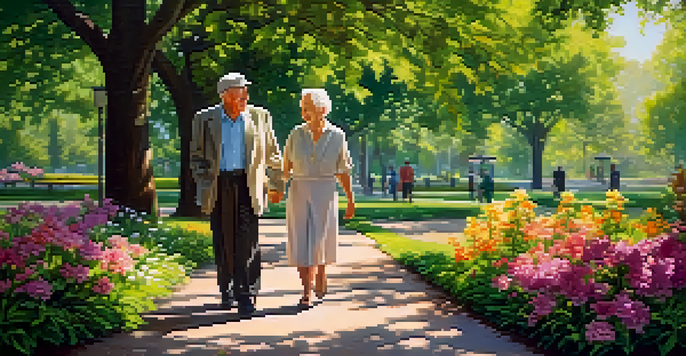 An elderly couple walking in a sunny park surrounded by colorful flowers and green trees.