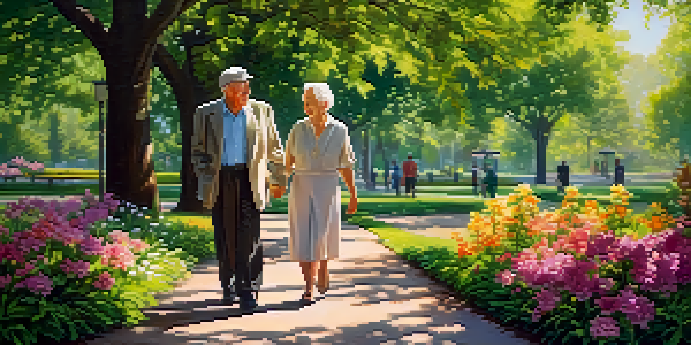 An elderly couple walking in a sunny park surrounded by colorful flowers and green trees.