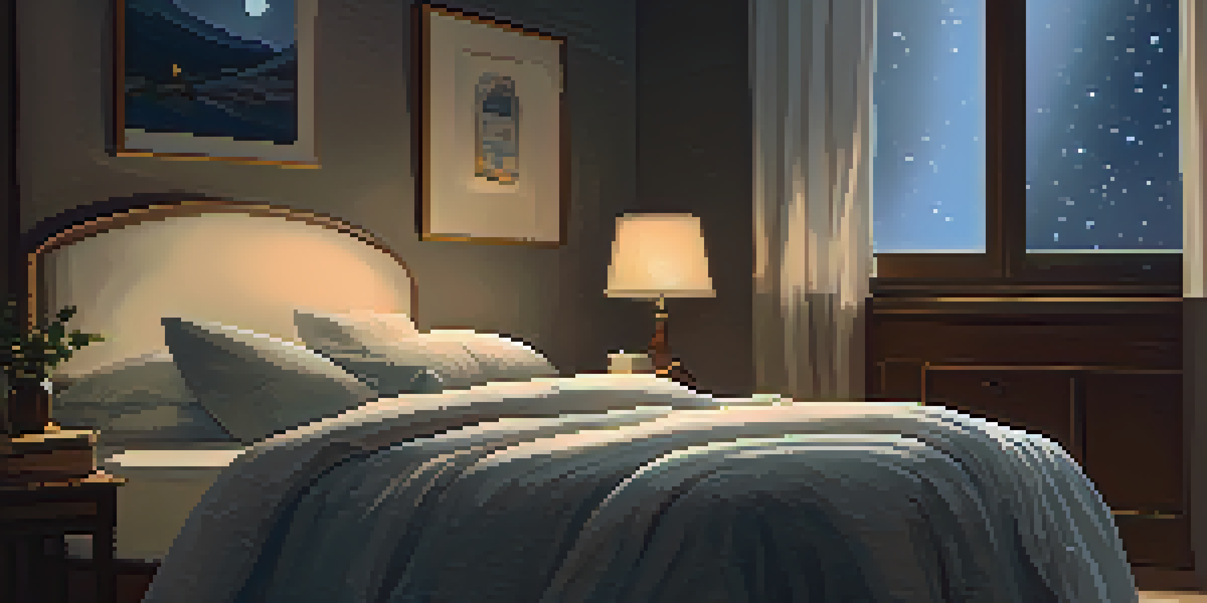 A cozy bedroom at night with a soft bed, glowing lamp, and starry sky visible through a window.