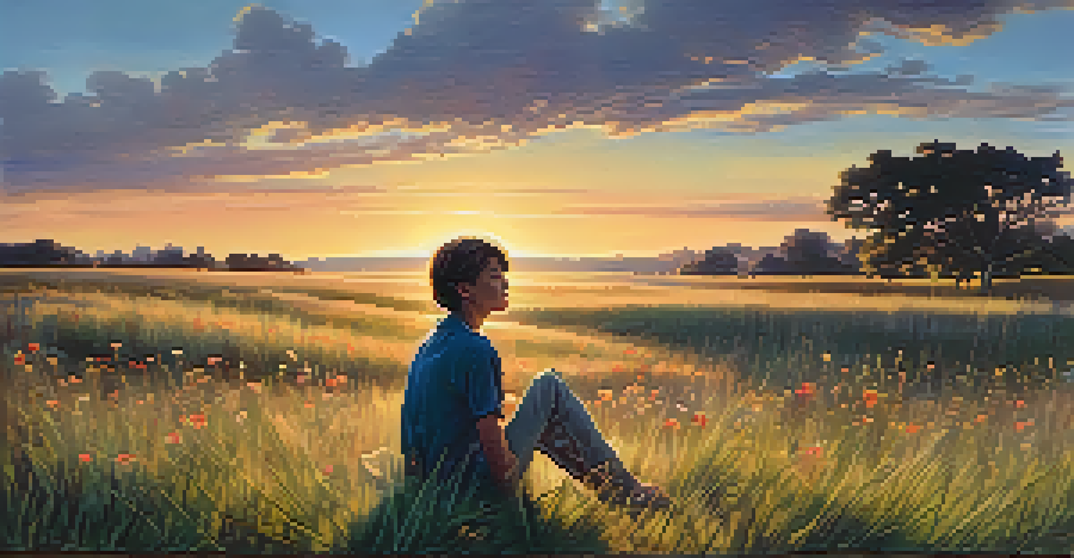 A young person practicing mindful breathing in a beautiful grassy field filled with flowers, with a sunset in the background.