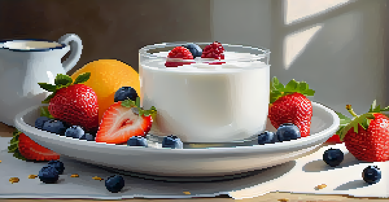 A close-up of a glass filled with creamy yogurt topped with strawberries, blueberries, and granola, placed on a rustic table.