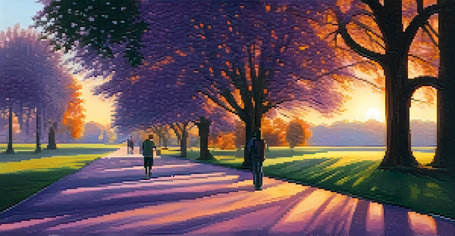 A peaceful park at sunset with a walking path, trees, and a person enjoying a leisurely walk.