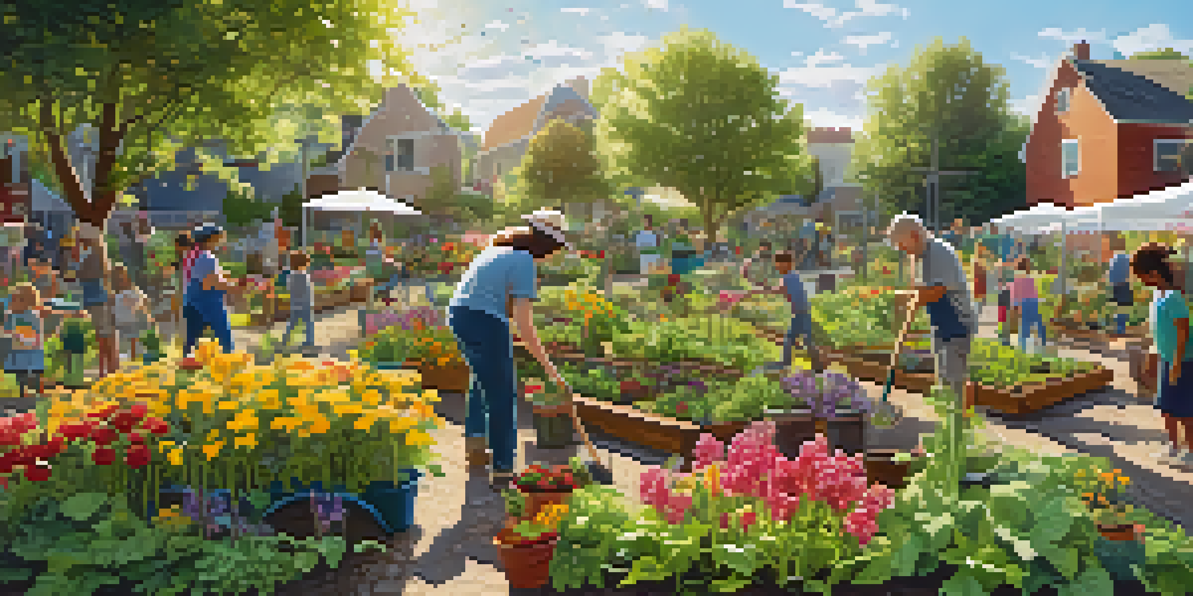 A lively community garden with people of various ages working together to plant vegetables and flowers, surrounded by colorful plants and warm sunlight.