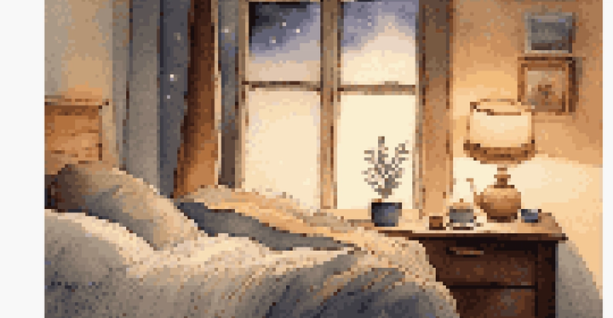 A serene bedroom with a warm atmosphere, featuring a neatly made bed, bedside lamps, a starry sky outside, and a cup of tea on the table.