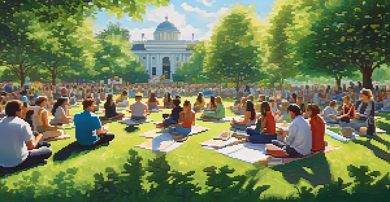 A community gathering in a park with people engaged in gratitude journaling, sharing kind words, and meditating, surrounded by greenery and colorful flowers.