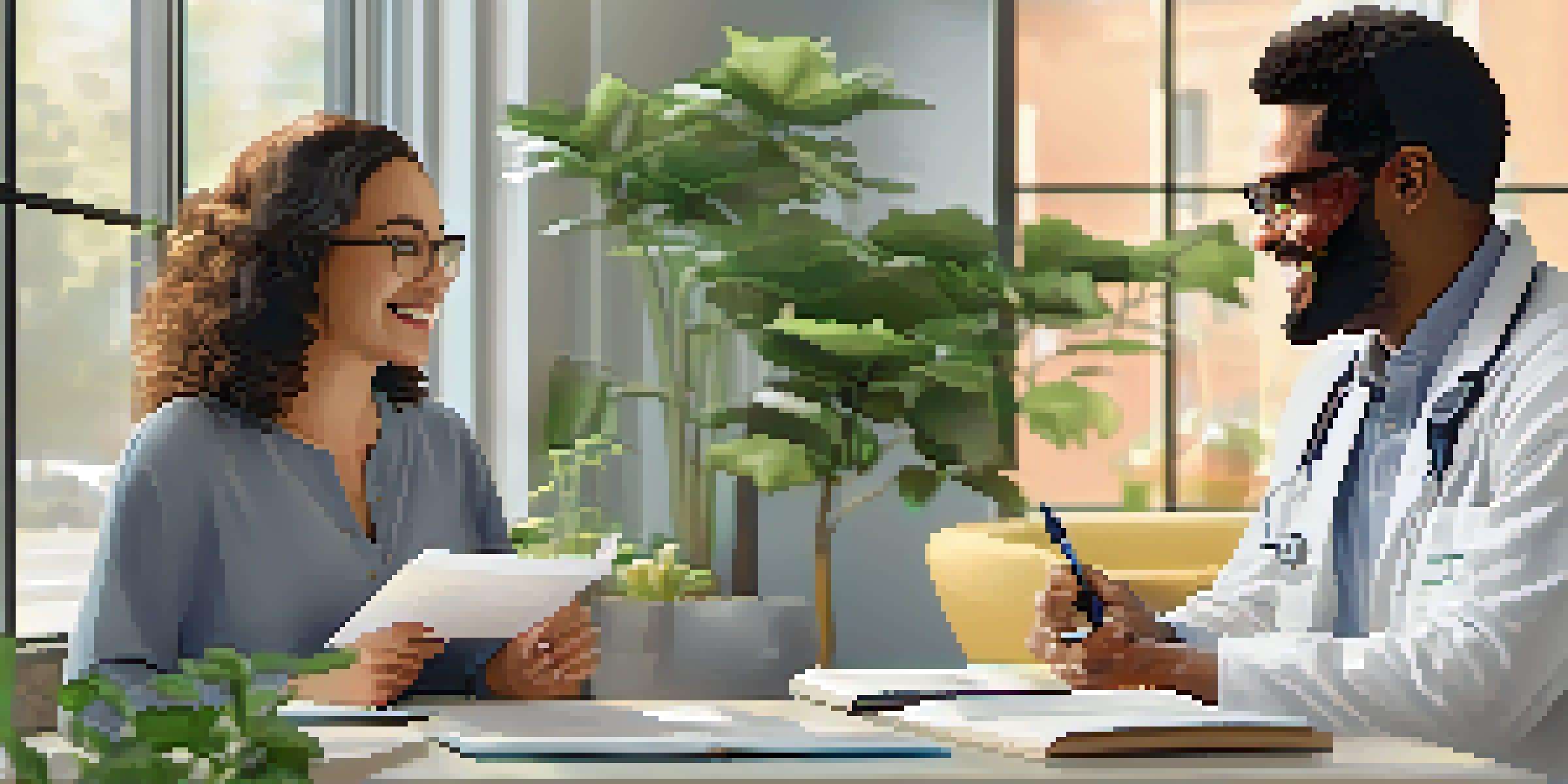 A bright and welcoming primary care clinic with a healthcare provider and a mental health professional collaborating in discussion, surrounded by plants and natural light.