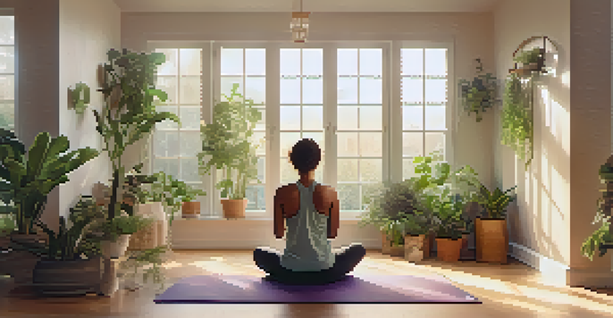 A person meditating in a bright, plant-filled room, practicing mindfulness with a peaceful expression.