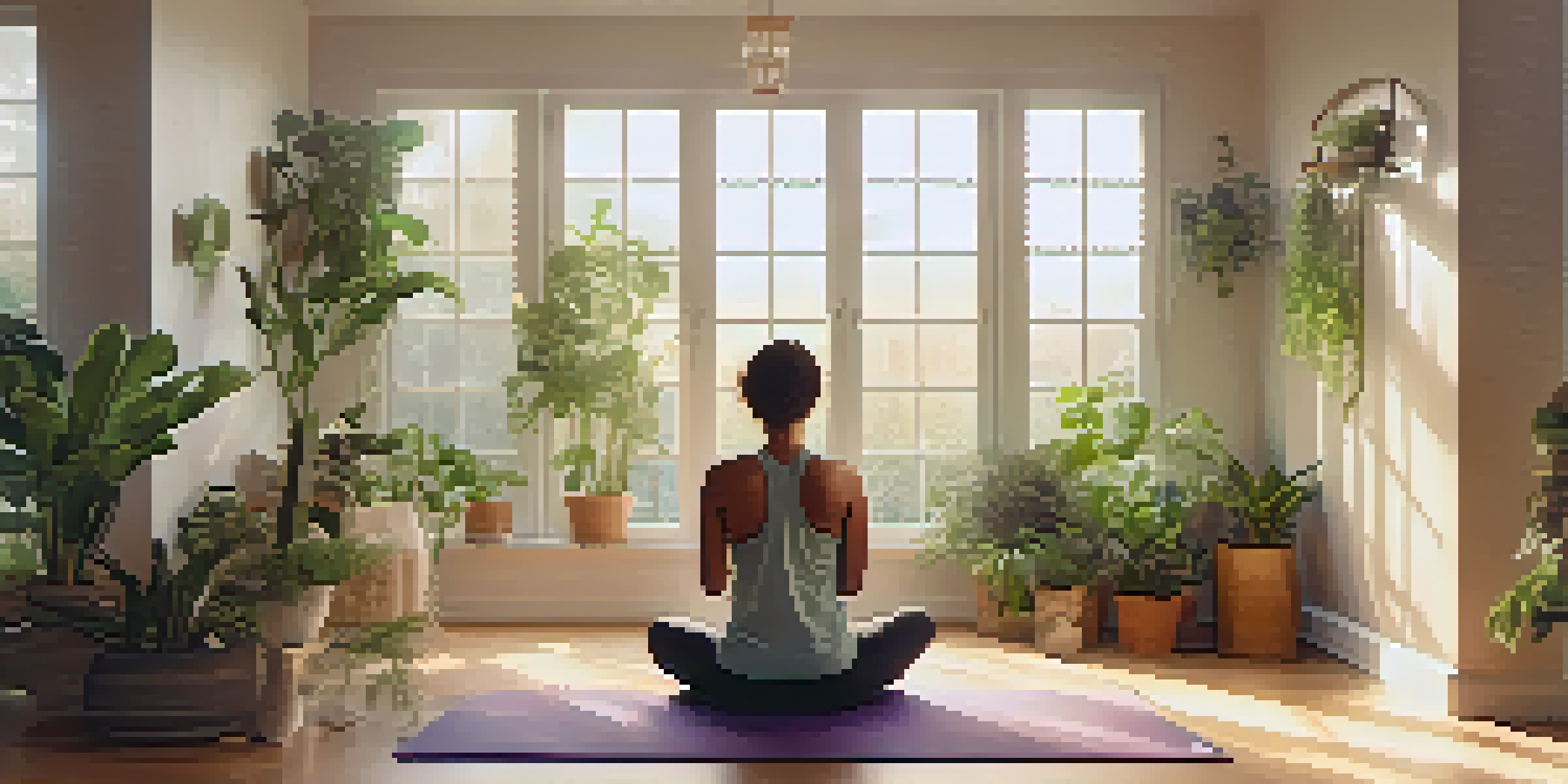 A person meditating in a bright, plant-filled room, practicing mindfulness with a peaceful expression.