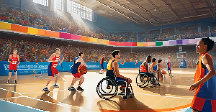 A diverse group of athletes in wheelchairs playing basketball, showcasing teamwork and determination in a bright gymnasium.