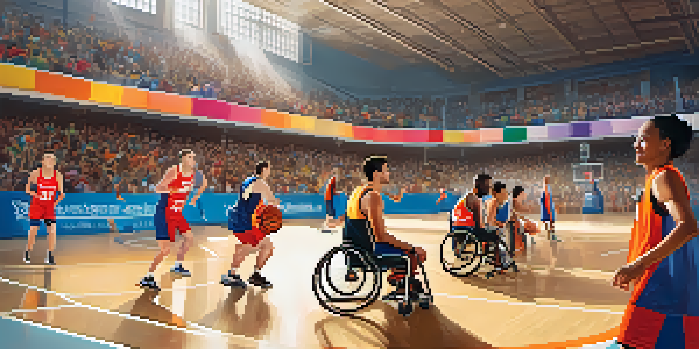 A diverse group of athletes in wheelchairs playing basketball, showcasing teamwork and determination in a bright gymnasium.