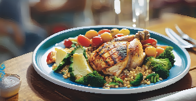 A colorful plate of healthy food with grilled chicken, quinoa, and fresh vegetables, set against a blurred gym background.