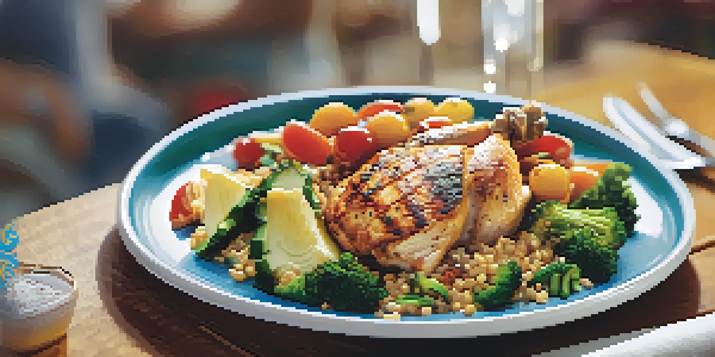 A colorful plate of healthy food with grilled chicken, quinoa, and fresh vegetables, set against a blurred gym background.
