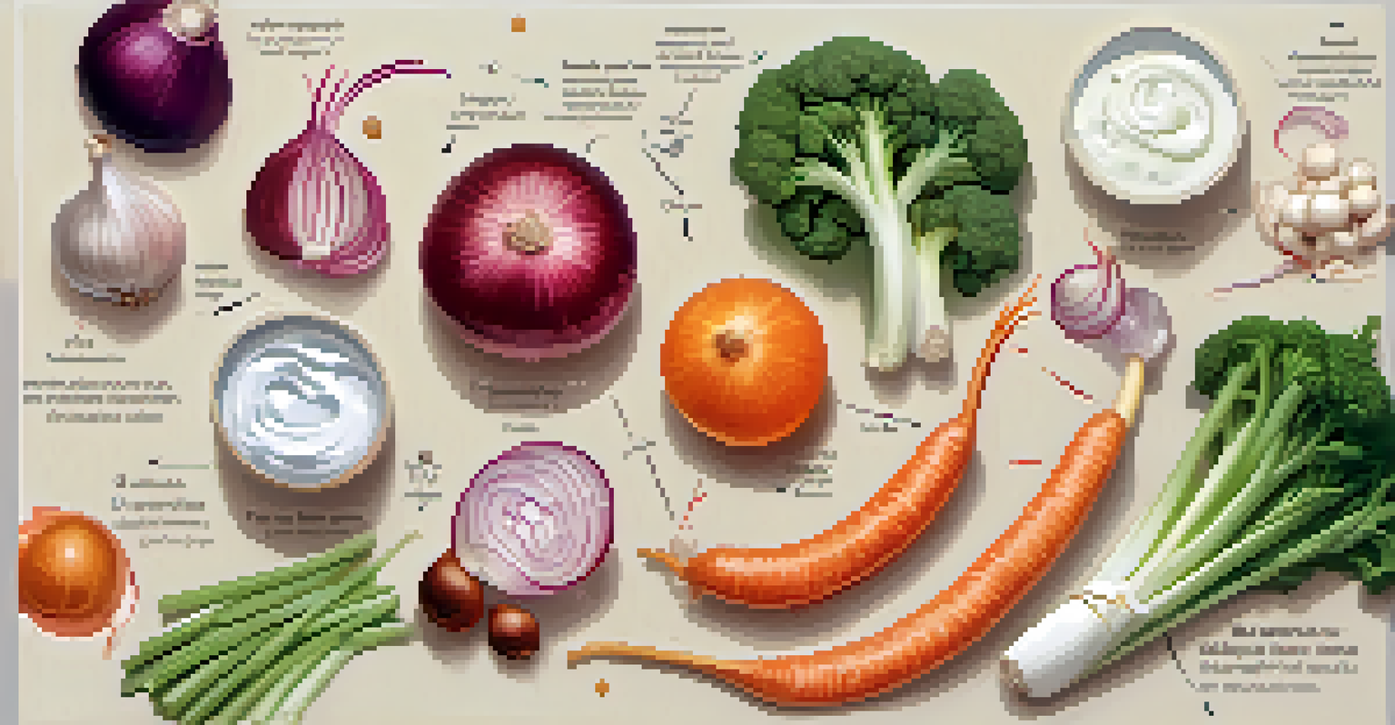 A creative visualization of probiotics and prebiotics in a gut environment, showcasing beneficial bacteria alongside foods like garlic and yogurt.